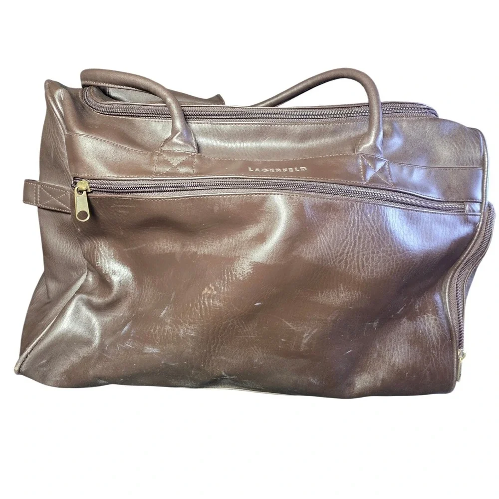 Lagerfeld Brown Faux Leather Duffel Bag Vintage Travel Carry On Weekend Bag